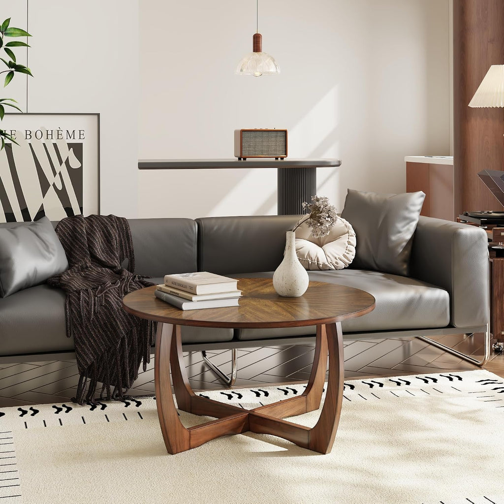 2-Piece Living Room Table Set, Farmhouse Solid Wood Table Set, Included Round Coffee Table and 1 End Table with Criss-Cross Legs for Apartment Home Office, Accent Furniture, Brown Tea