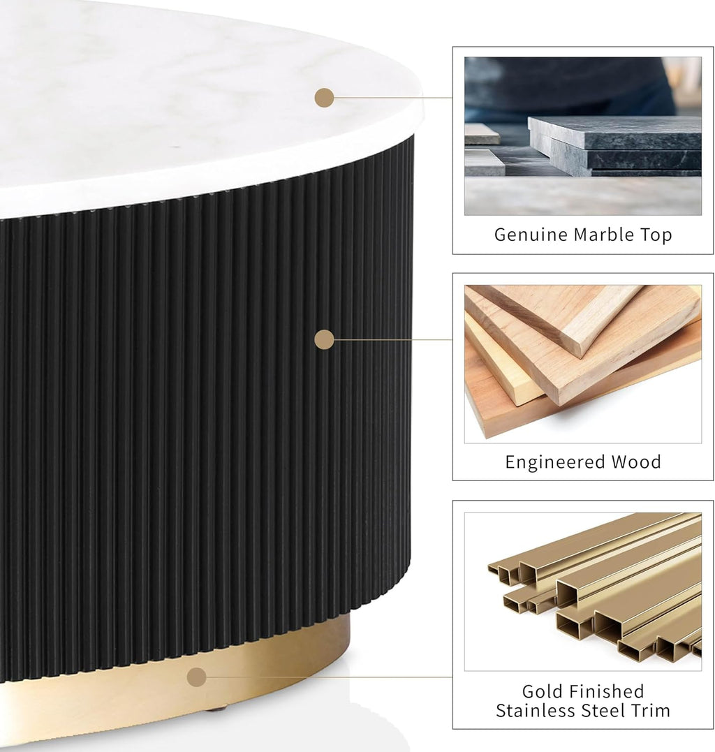 Furniture of America Beryl Modern Round White Genuine Marble Top Coffee Table with Fluted Pedestal Base and Gold Stainless Steel Accent, Low Profile Table for Living Room, Home Office, Black