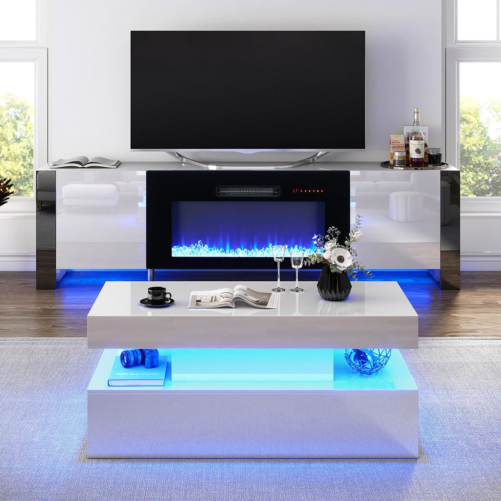 VanAcc 3-Piece Modern Living Room Table Sets, 70' Modern LED TV Stand with 36' Electric Fireplace, High Gloss Coffee Tables for Living Room, White & Black