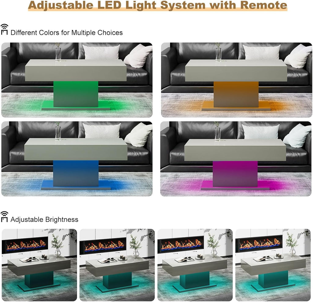 HedoAjim Led Coffee Table for Living Room, Living Room Table Rectangular Center Table, Modern High Glossy Wooden Coffee Tables with 16 Colors LED Lights for Dining Reception Room, Grey