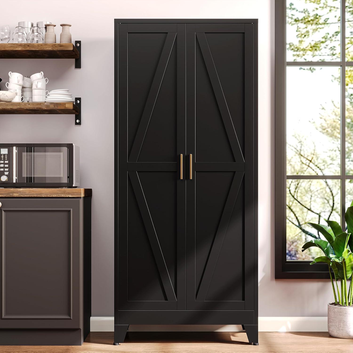 61'H Black Pantry Kitchen Cabinet with Doors,Black Storage Cabinets,Freestanding Pantry Cabinet,Farmhouse Food Storage Cabinets,Tall and Large Pantry Cabinets for Kitchen, Dining Room, Living Room