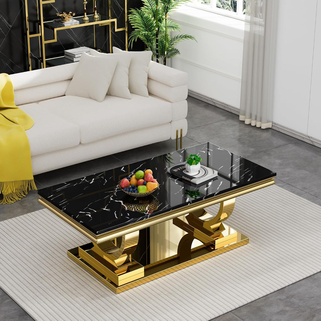3 Piece Living Room Table Set, Modern Faux Marble Coffee Table and 2 End Tables Set for Living Room Apartment, Mirrored Stainless Steel Base, Imitation Marble Tabletop (Black & Gold)