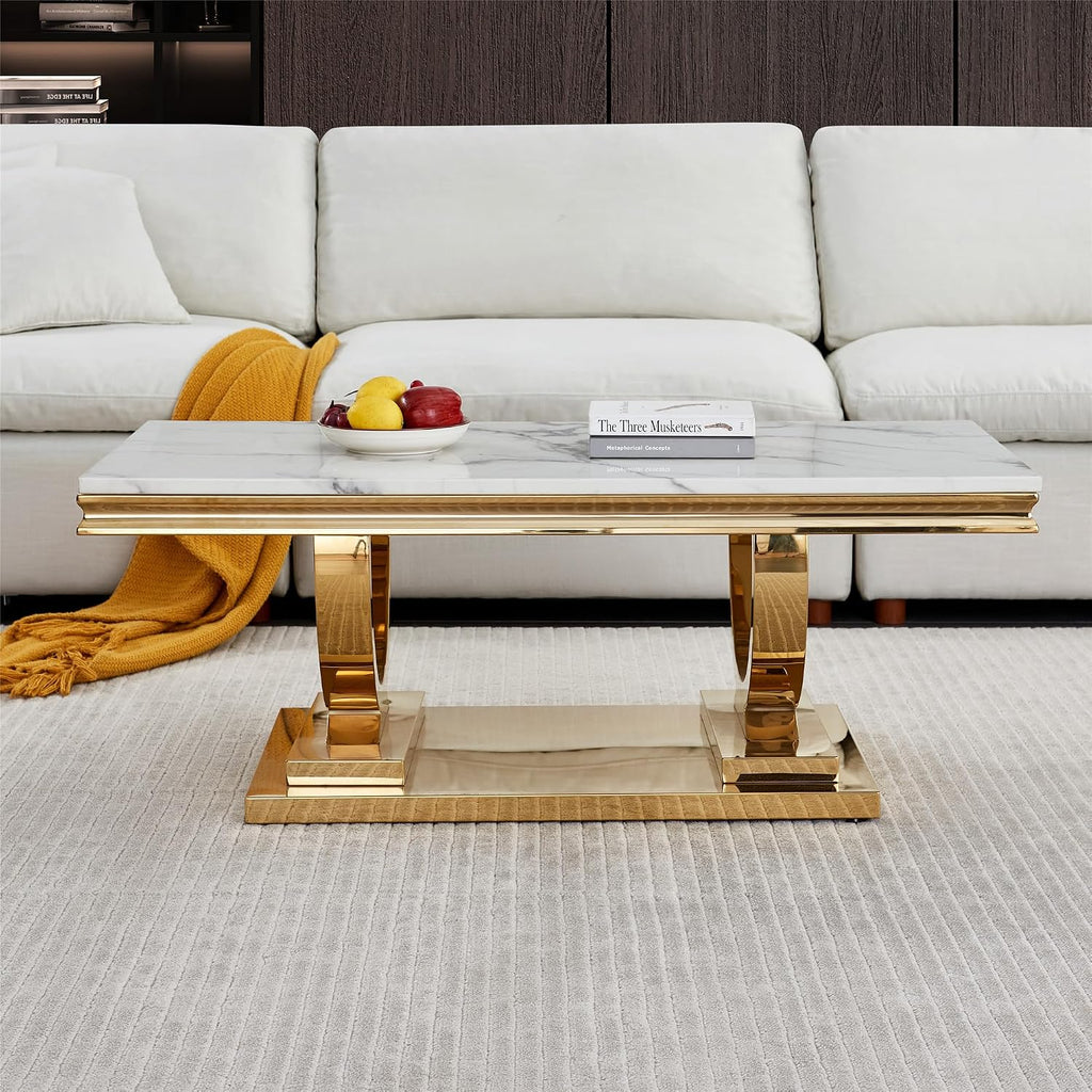 Marble Coffee Table, 47' White Faux Marble Rectangular Cocktail Tables with Mirrored Finish Double O-Shape Stainless Steel Base, Central Cocktail Tea Table for Living Room Office, Gold