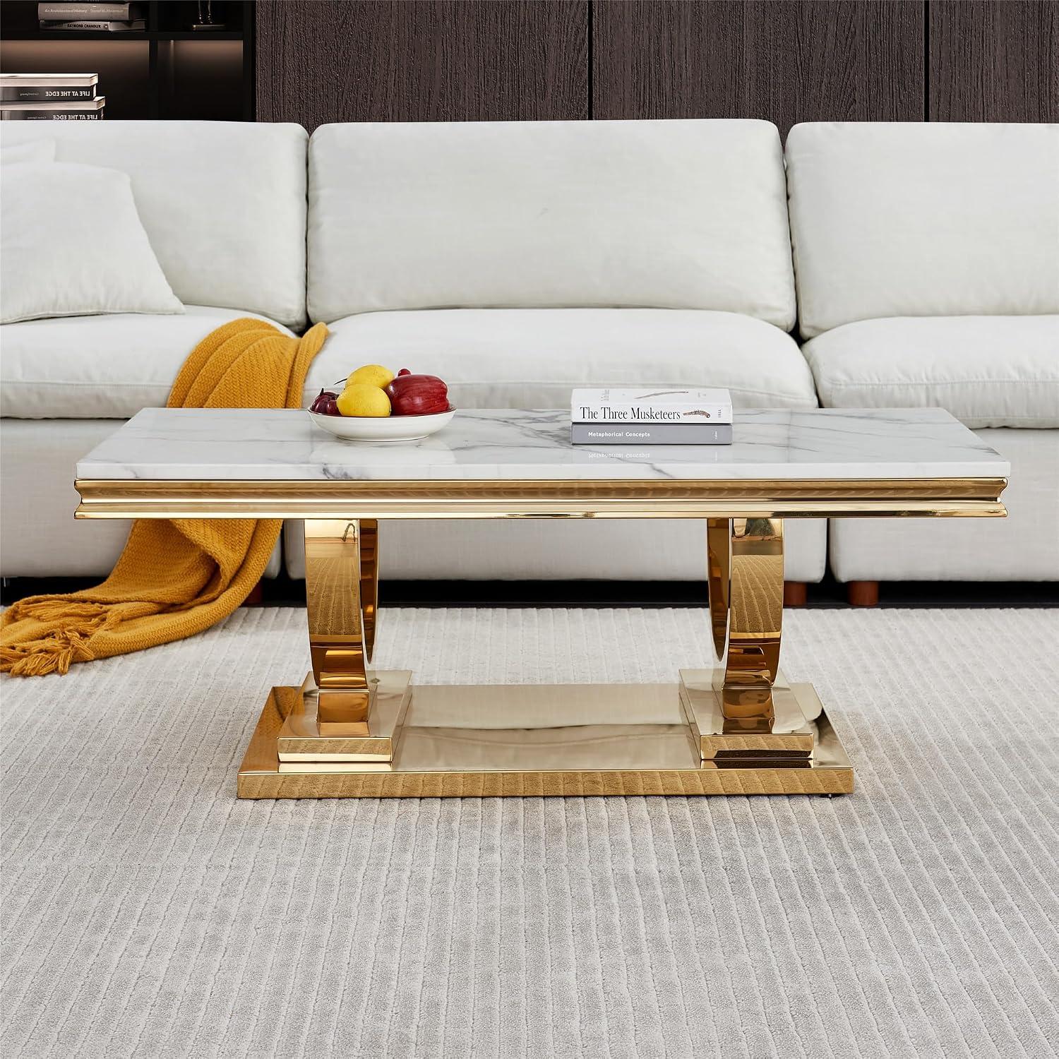 Marble Coffee Table, 47' White Faux Marble Rectangular Cocktail Tables with Mirrored Finish Double O-Shape Stainless Steel Base, Central Cocktail Tea Table for Living Room Office, Gold