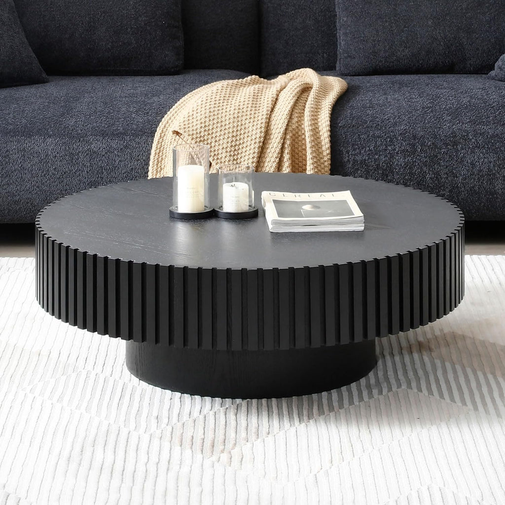 31.49' Round Coffee Table Wood, Modern Unique Circle Coffee Table, Contemporary Oak Drum Fluted Accent Side Table Center for Living Room, Small Space, Apartment, Black