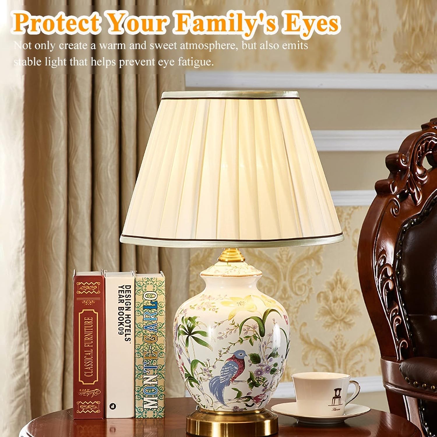 Chinoiserie Ceramic Table Lamp, American Flower&Bird LED Bedside Lamp, Classic White Fabric Lampshade Desk Nightstand Lamp for Bedroom Living Room Office College Bookcase