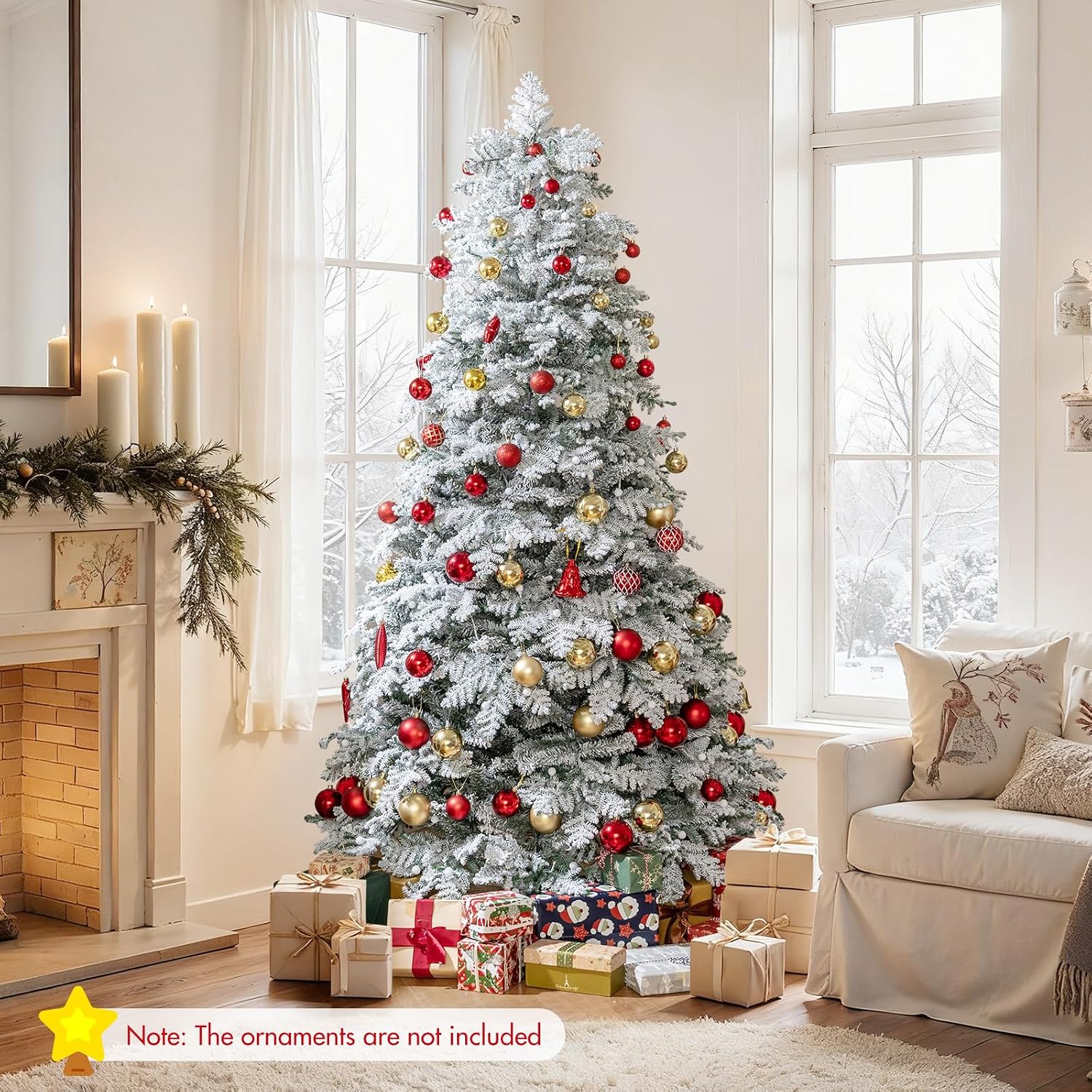 GOFLAME 7FT Pre-lit Artificial Christmas Tree, Snow Flocked Hinged Xmas Tree with 160 Ball Lights, LED Lights, 806 Branch Tips, 8 Lighting Modes and Metal Stand, Holiday Decoration Tree for Home Party