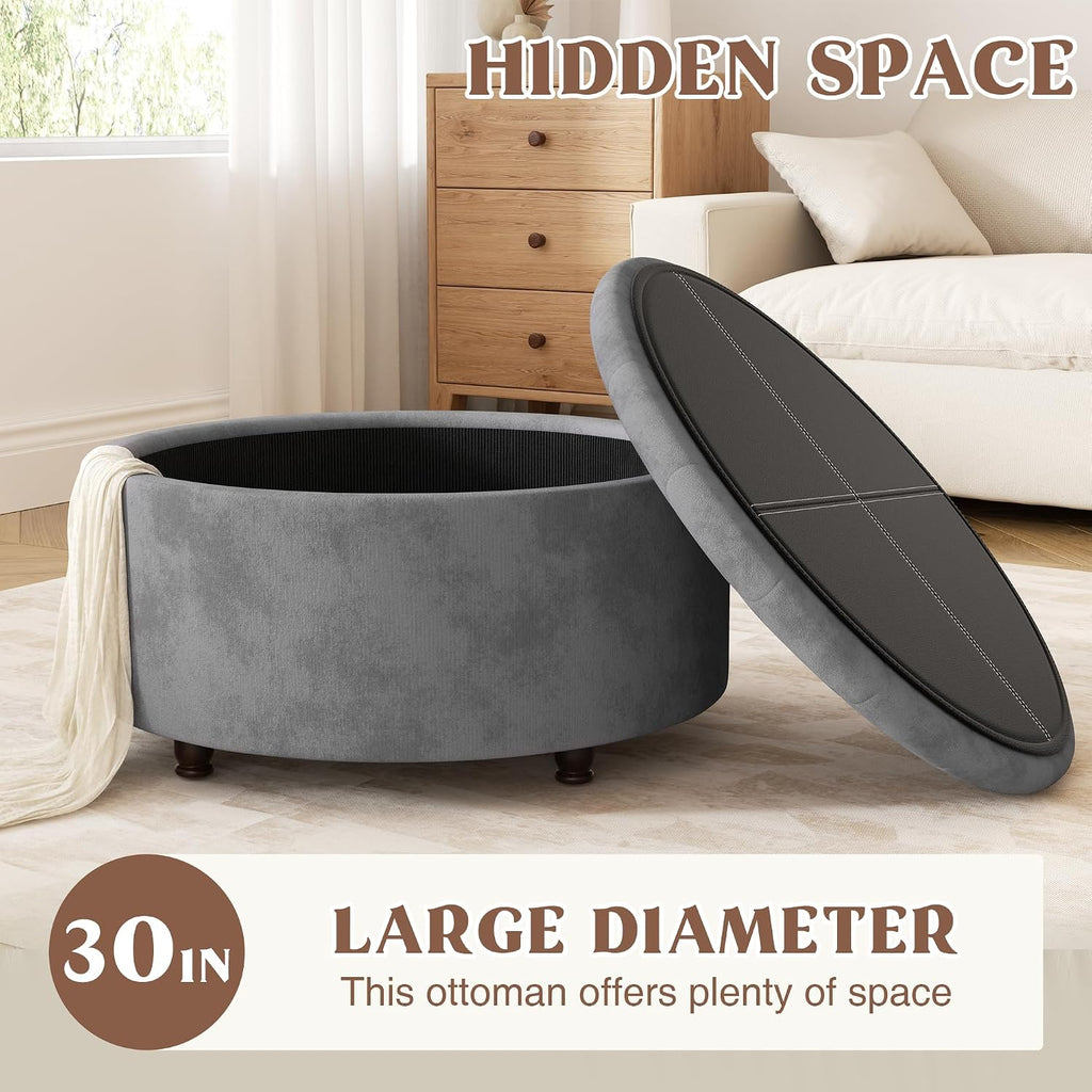 30 Inch Round Storage Ottoman,Modern Tufted Ottomans,Circular Coffee Table with Removable Top,Upholstered Large Ottoman with Storage Footrest Stool for Bedroom Living Room (Grey)