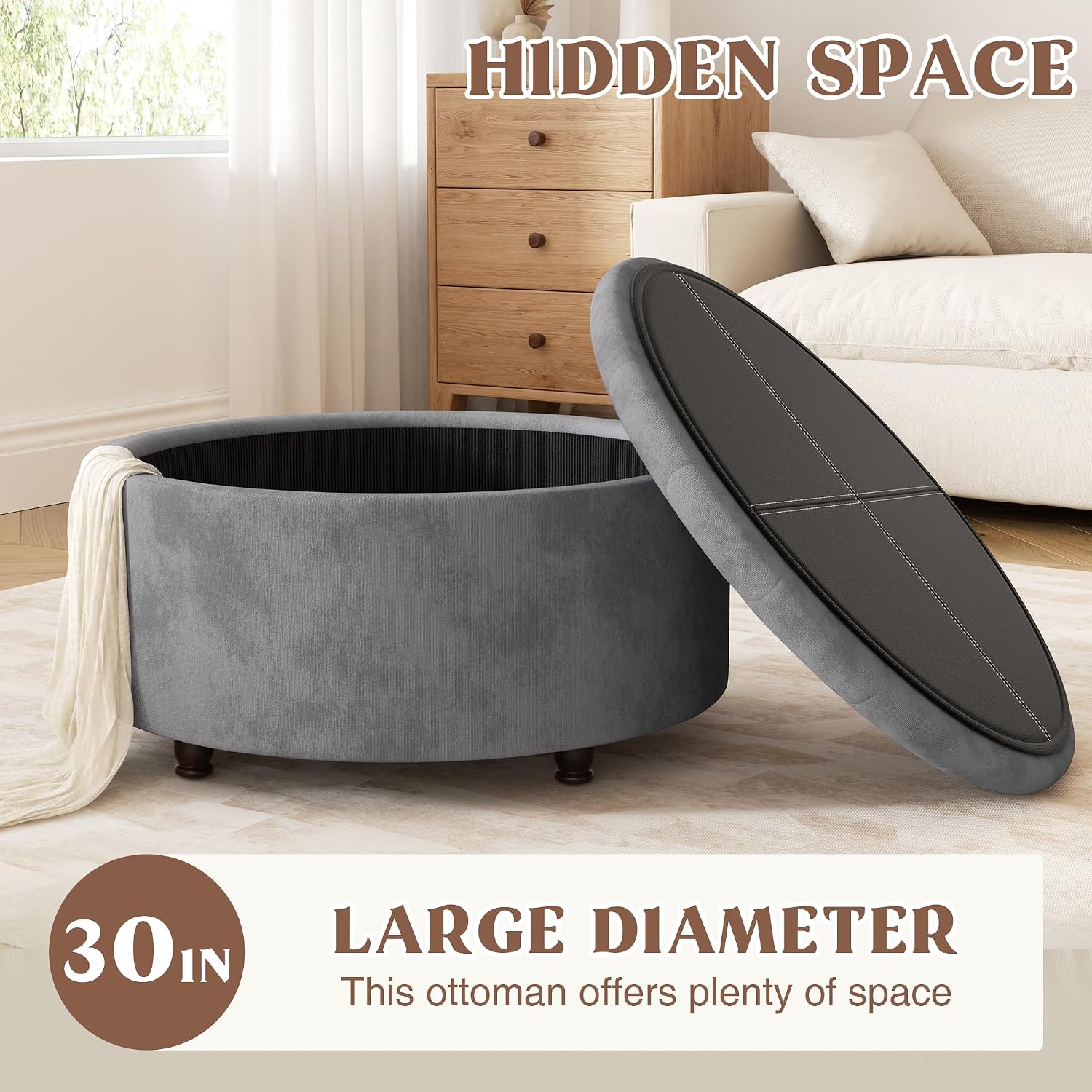 30 Inch Round Storage Ottoman,Modern Tufted Ottomans,Circular Coffee Table with Removable Top,Upholstered Large Ottoman with Storage Footrest Stool for Bedroom Living Room (Grey)