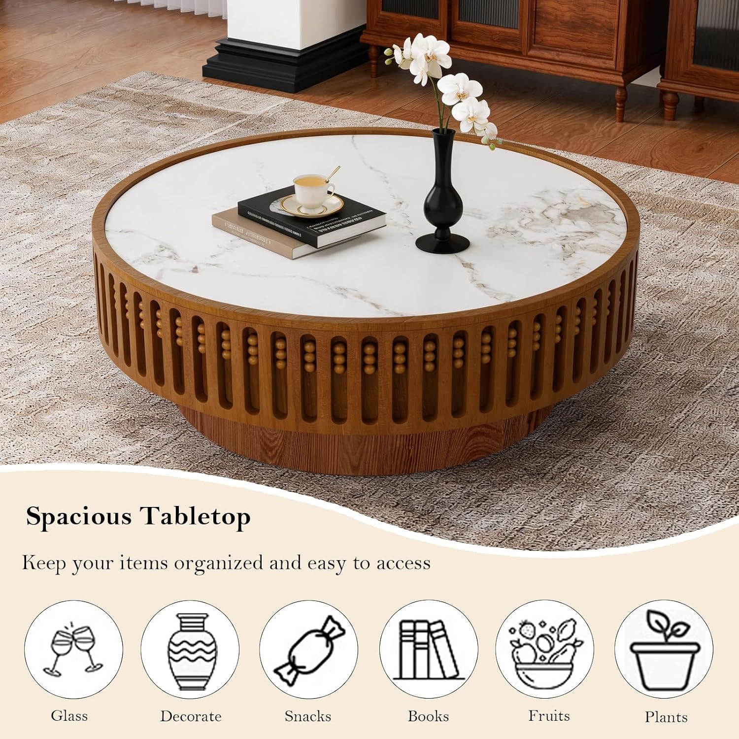 35.43' Round Fluted Coffee Table - Chic Handcraft Fluted Design Unique Contemporary Wood Low Circle Drum Tea Tables with Spacious Rock Slab Tabletop for Small Space (G 35.4in)