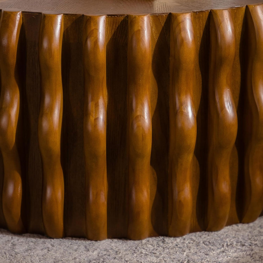 31.5'' Round Drum Coffee Table, Modern Mid-Century Circle Fluted Wood Coffee Table for Living Room, Sturdy Pedestal & No Assembly, Walnut
