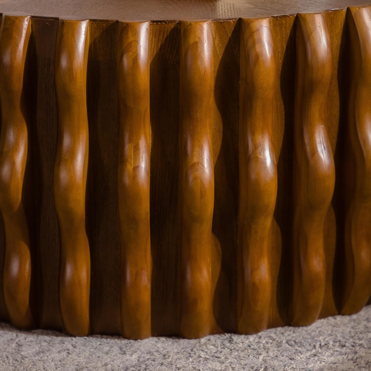 31.5'' Round Drum Coffee Table, Modern Mid-Century Circle Fluted Wood Coffee Table for Living Room, Sturdy Pedestal & No Assembly, Walnut