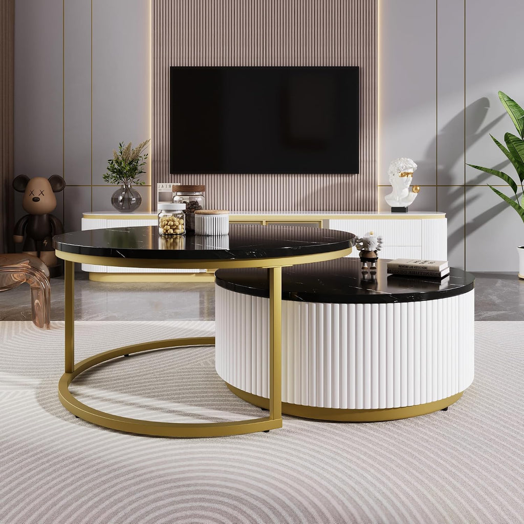 27.6' Lift-Top Nesting Coffee Table Set of 2, Modern Round Coffee Table with Drawer, Circular Wood Center Table Set for Living Room, Apartment, Black & Gold