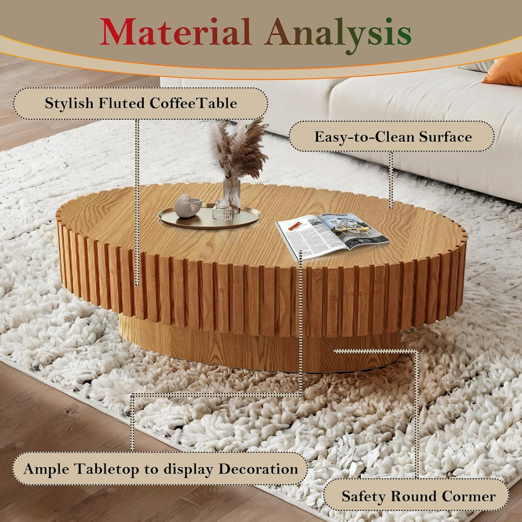 Handcraft Fluted Coffee Table 43.3' Oval Drum Center Tables with Sturdy Pedestal Easy to Assembly for Living Room Apartment Farmhouse (Oval Wood 43.3in)
