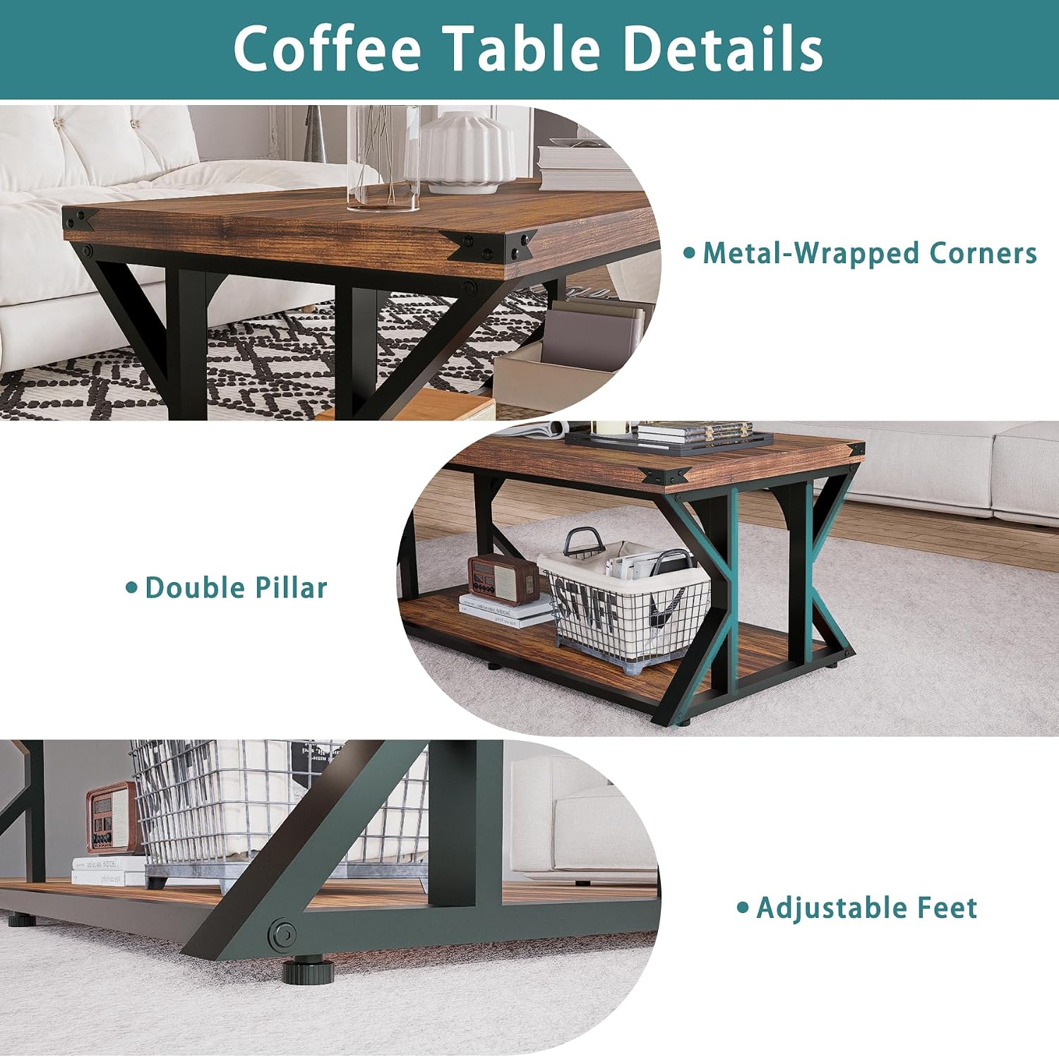 43 Inch Industrial Coffee Table, 2-Tier Rectangle Center Table with Storage Shelf, Wood and Metal Cocktail Table for Living Room, Rustic Brown