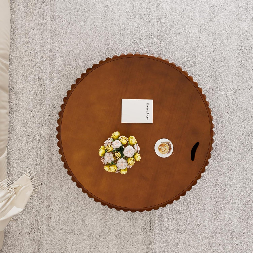 31.5' Round Drum Coffee Table with Hidden Storage, Modern Fluted Coffee Tables with Solid Wood Veneer, Wooden Circle Center Table for Living Room, Small Spaces, and Apartments, Easy Assembly