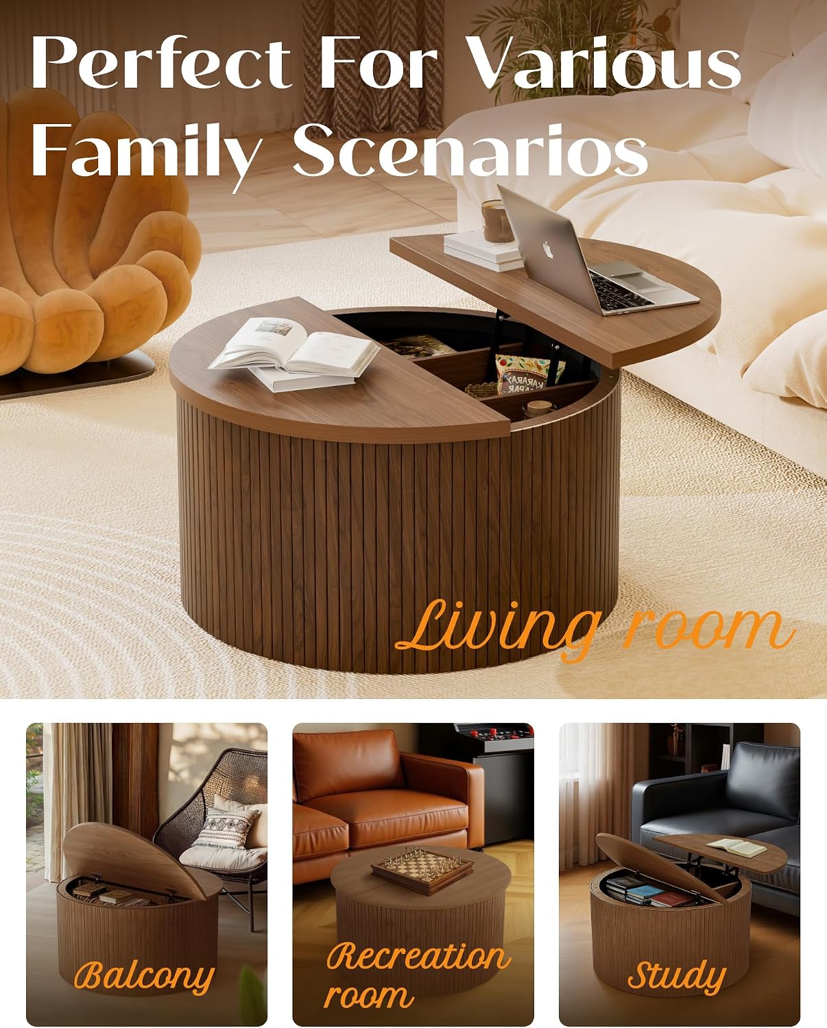 Fluted Round Lift Top Coffee Table with Storage, 31.5' Walnut Small Circle Wood Center Table for Living Room, Small Space