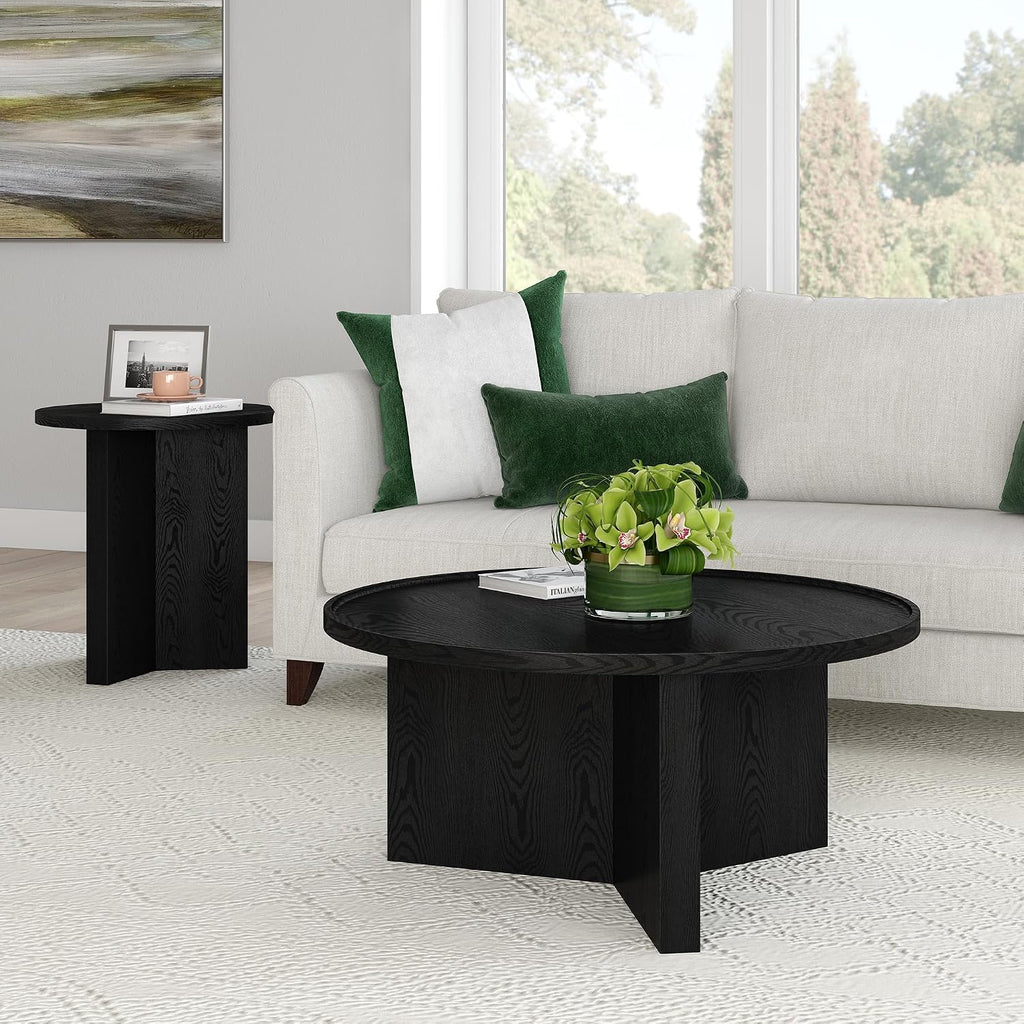 Henn&Hart 32' Round Wood Pedestal Low-Profile Coffee Table for Living Room, Family Room, Office or Apartment, Natural Black