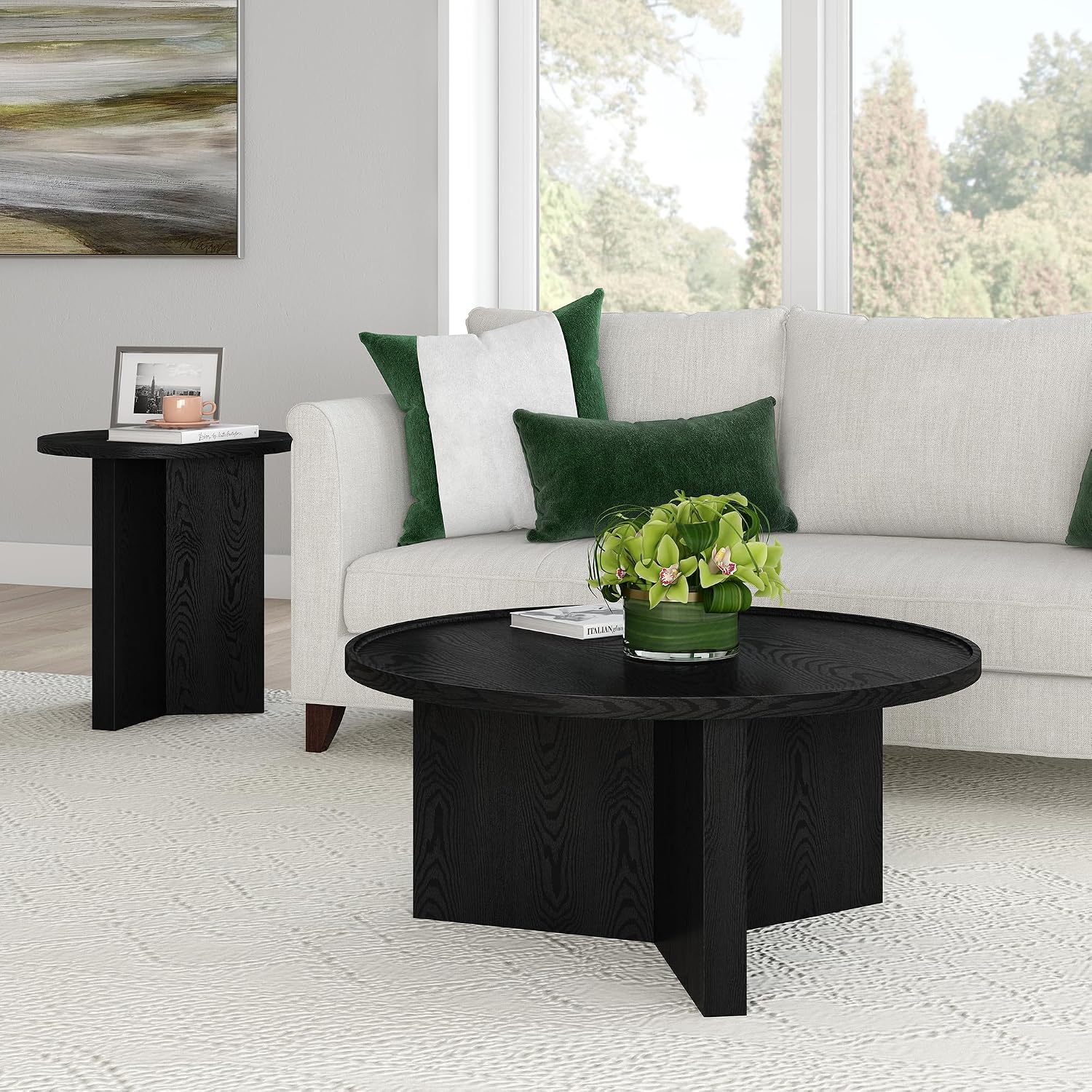 Henn&Hart 32' Round Wood Pedestal Low-Profile Coffee Table for Living Room, Family Room, Office or Apartment, Natural Black