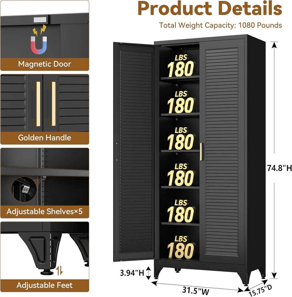 Polup 75' Metal Storage Cabinet with Doors and Shelves, Black Kitchen Pantry Cabinet, 6-Tier Freestanding Tall Storage Cabinet for Garage, Office, Bathroom, Laundry Room, Dining Room