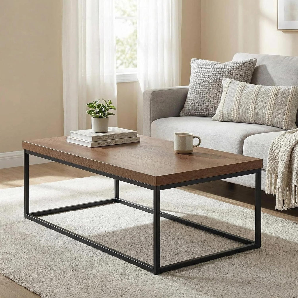 CENSI 47-Inch Dark Walnut Coffee Table for Living Room, Modern Industrial, Rectangular Wood and Metal Center Table with Extra Thick Tabletop (Dark Brown)