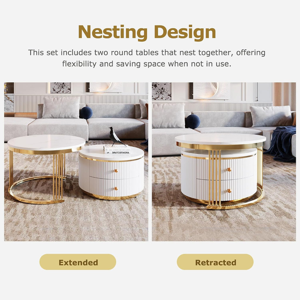 Merax 2 Pieces Modern Round Nesting Coffee Table with 2 Drawers, for Living Room, Small Space, Apartment, Gold+White
