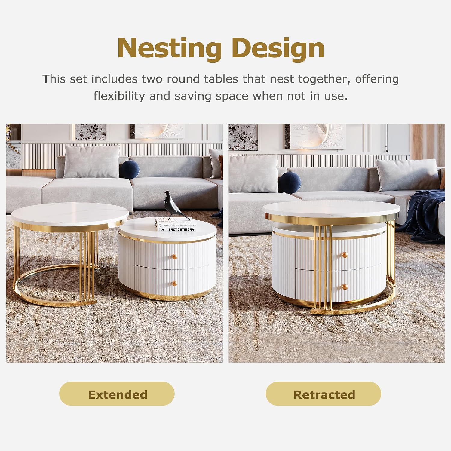 Merax 2 Pieces Modern Round Nesting Coffee Table with 2 Drawers, for Living Room, Small Space, Apartment, Gold+White
