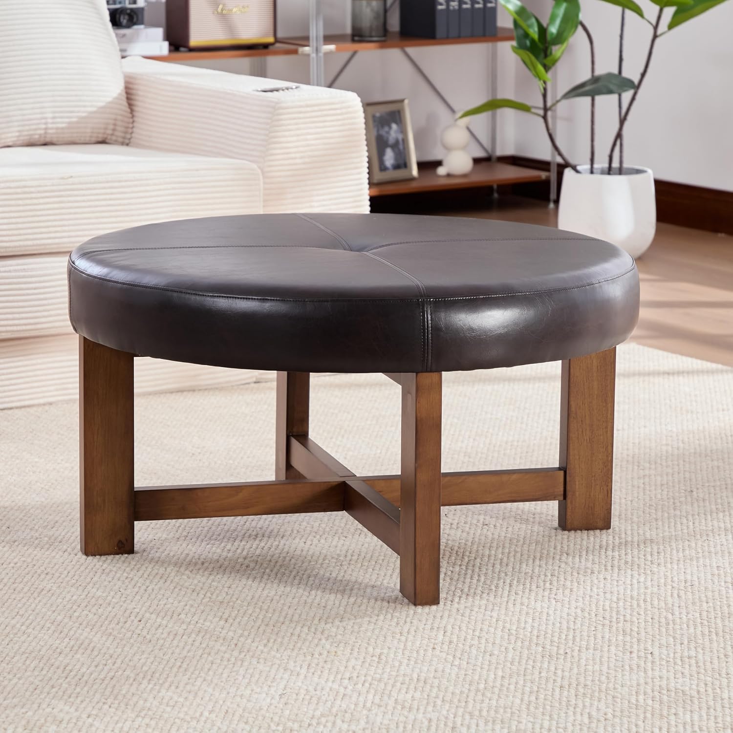 Christopher Knight Home Ladin Modern Round Ottoman Coffee Table, Faux Leather Cocktail Ottoman for Living Room Sofa, Entryway Comfortable Footstool, Wooden Ottoman Foot Rest, Dark Brown+Walnut