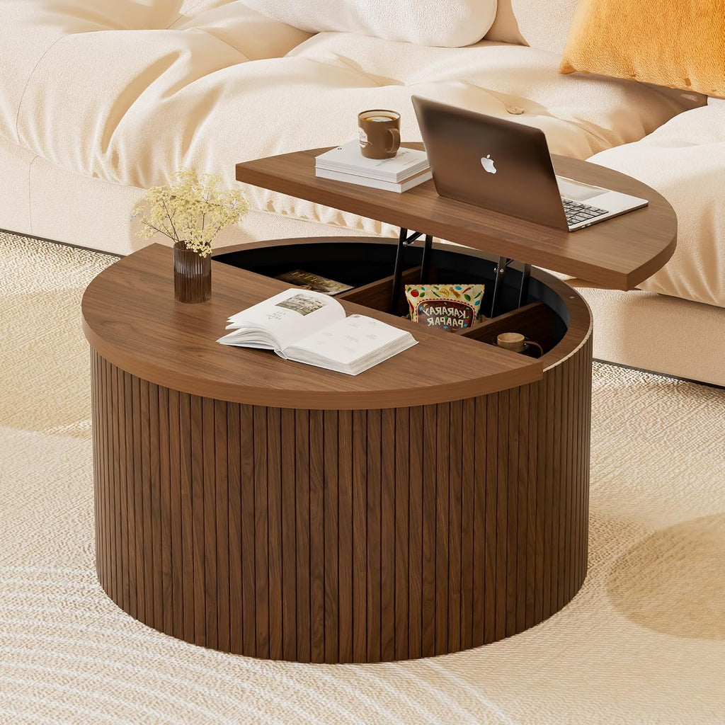 Fluted Round Lift Top Coffee Table with Storage, 31.5' Walnut Small Circle Wood Center Table for Living Room, Small Space