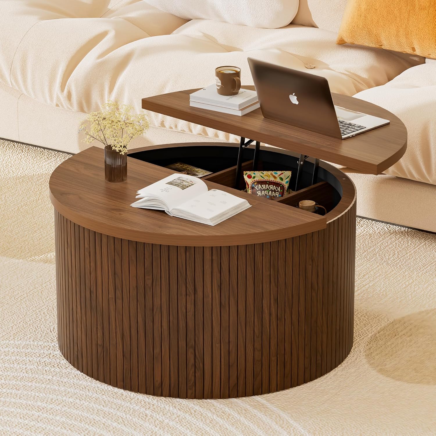 Fluted Round Lift Top Coffee Table with Storage, 31.5' Walnut Small Circle Wood Center Table for Living Room, Small Space