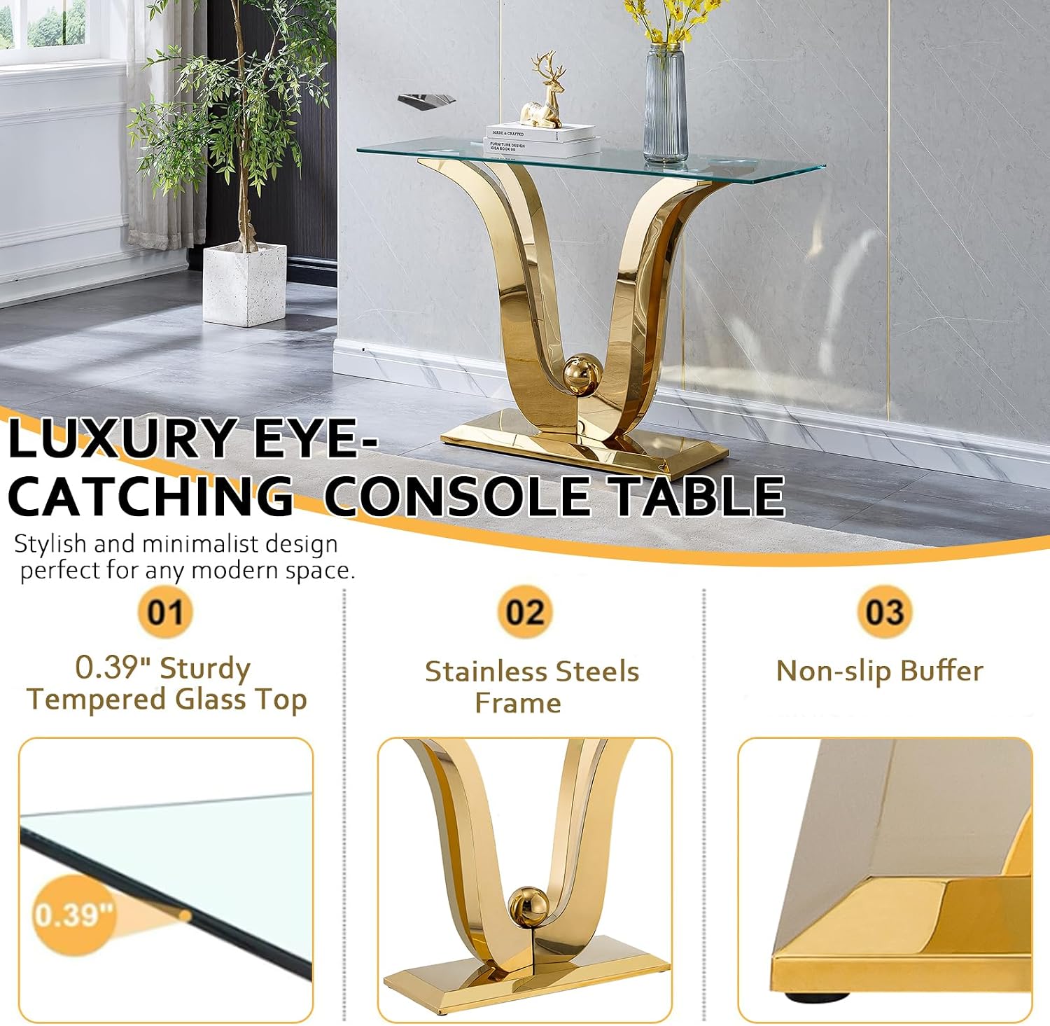 Elegant Glass Console Entryway Table, 47 inch Clear Glass Narrow Long Sofa Table, Modern Accent Table Entrance Table with Gold Gorgeous Stainless Steel Frame for Entrance, Living Room