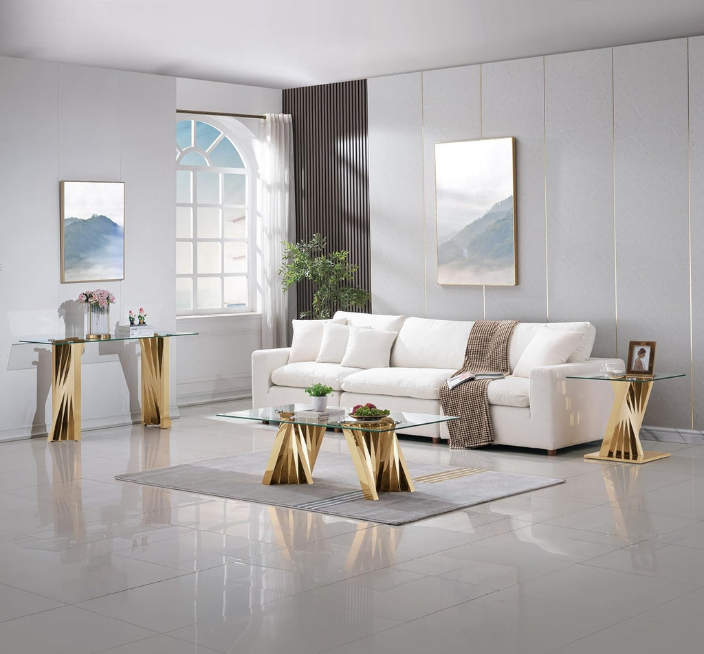 Henf Gold Glass Coffee Table with Mirrored Stainless Steel Base, 51' Rectangle Modern Living Room Cocktail Table for Home Office