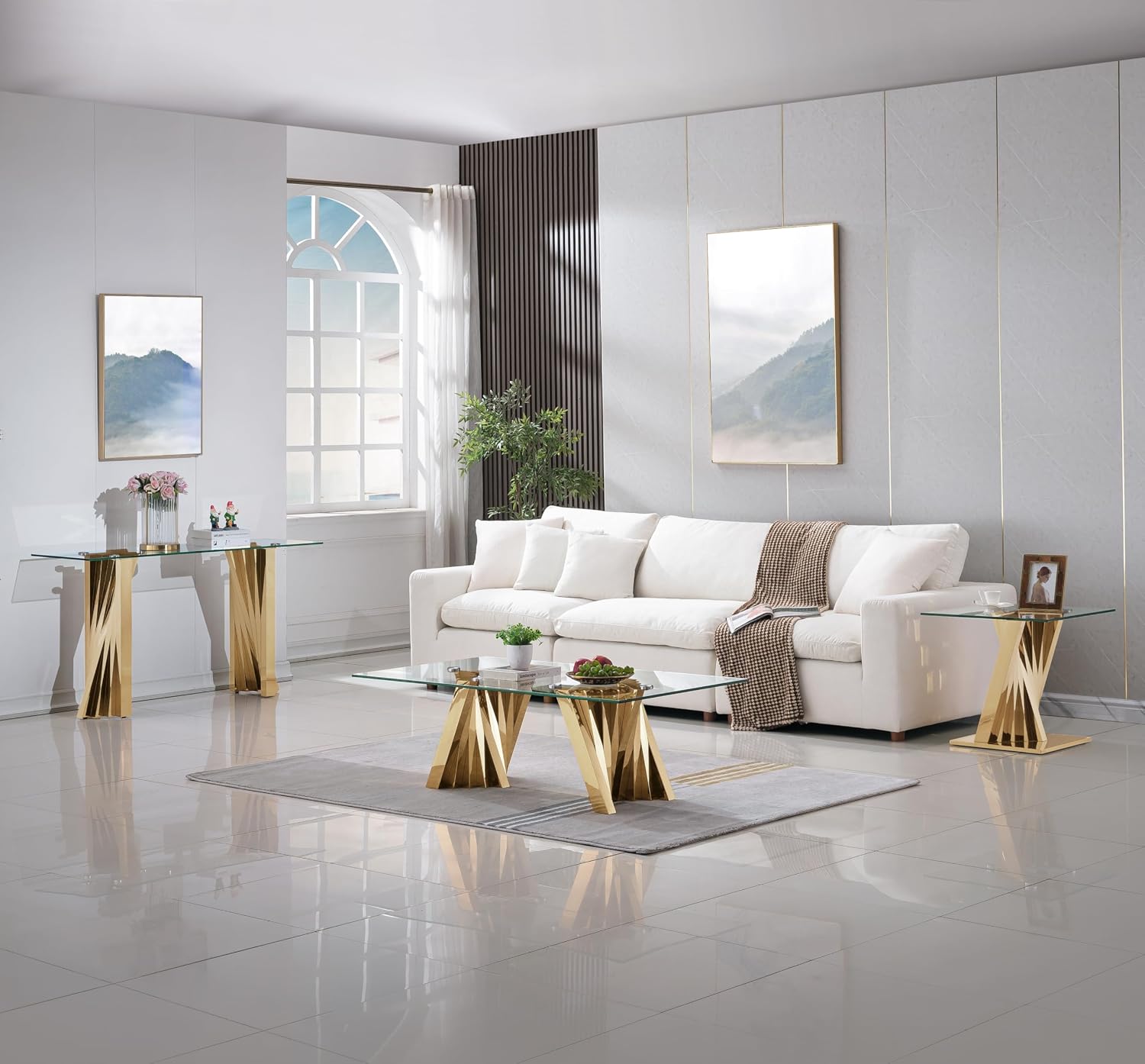 Henf Gold Glass Coffee Table with Mirrored Stainless Steel Base, 51' Rectangle Modern Living Room Cocktail Table for Home Office