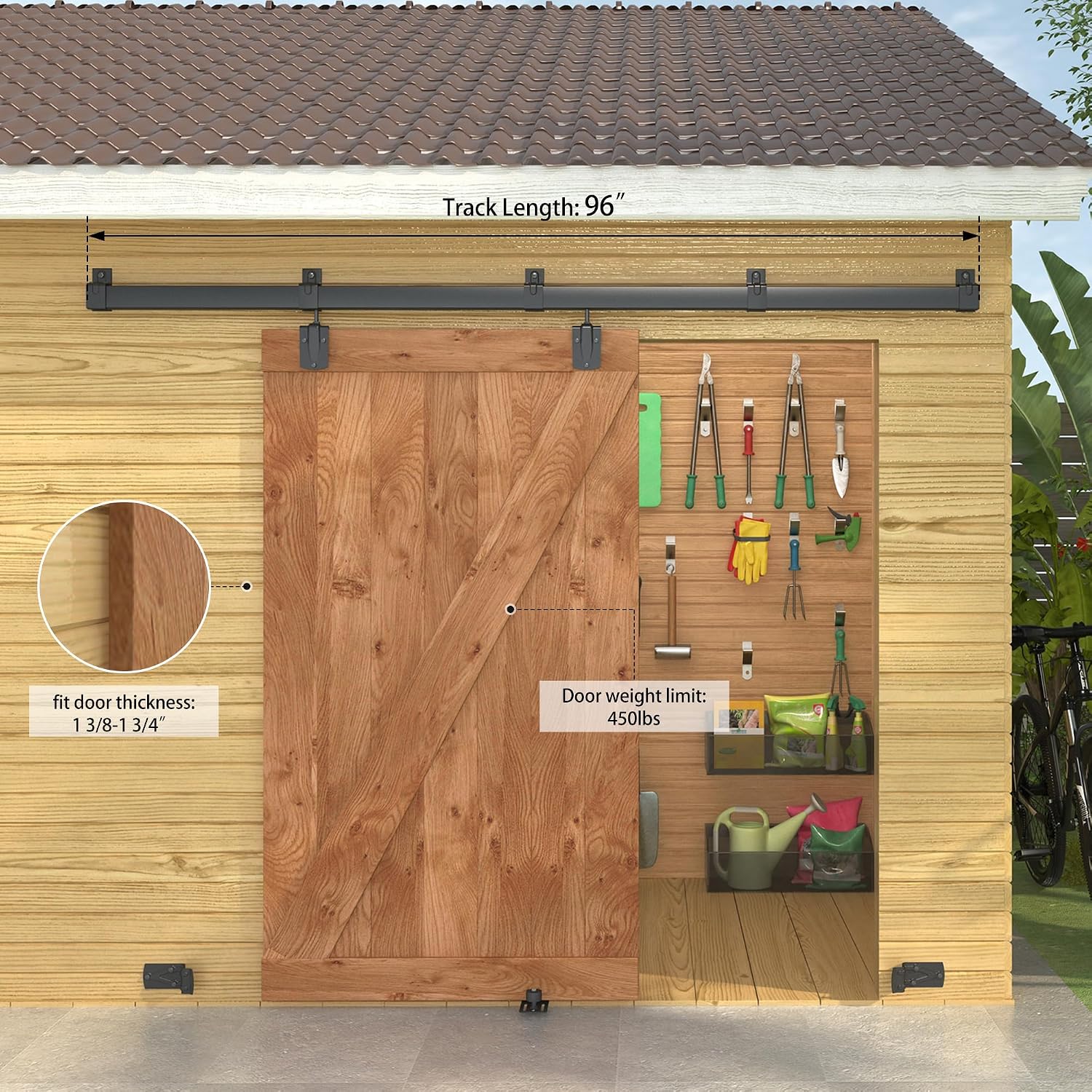 8FT Black Box Rail Exterior Barn Door Hardware Kit, Sliding Heavy Duty Barn Door Track, Wall Mount Barn Door Hardware with 5 Track Brackets(Doors NOT Include）