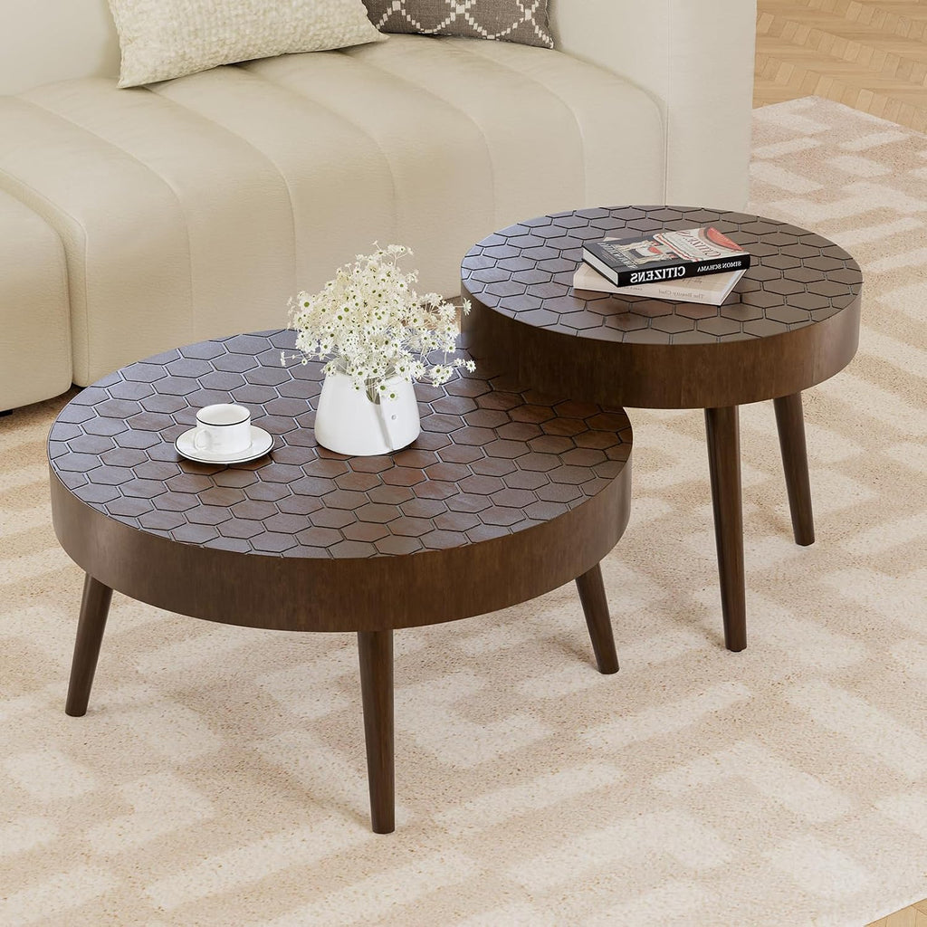HOMPUS Round Coffee Table, 31.5'' Mid Century Modern Coffee Table Set w Honeycomb Pattern Tabletop, Coffee Table and End Table Set of 2 for Living Room, Easy to Assemble, Brown