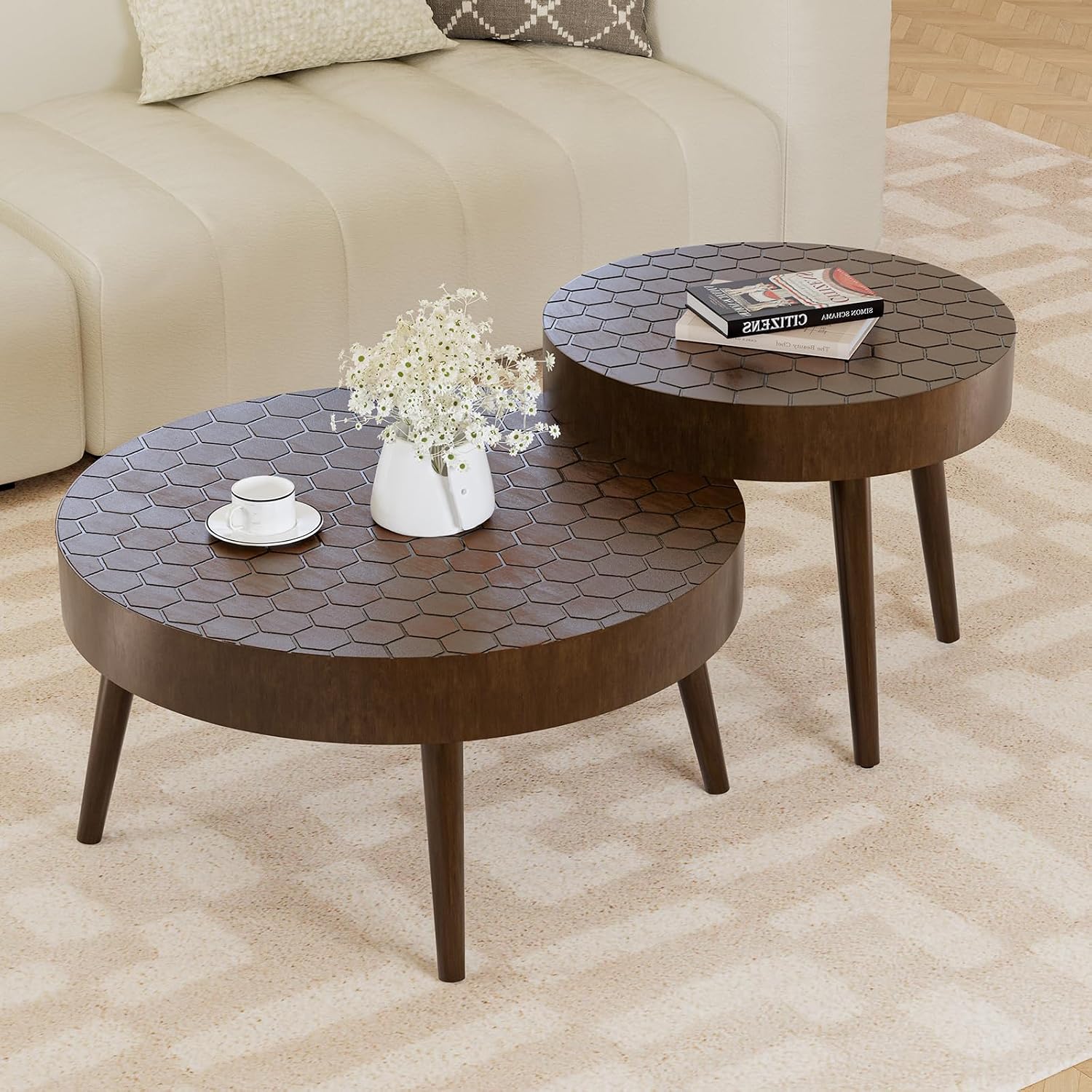 HOMPUS Round Coffee Table, 31.5'' Mid Century Modern Coffee Table Set w Honeycomb Pattern Tabletop, Coffee Table and End Table Set of 2 for Living Room, Easy to Assemble, Brown
