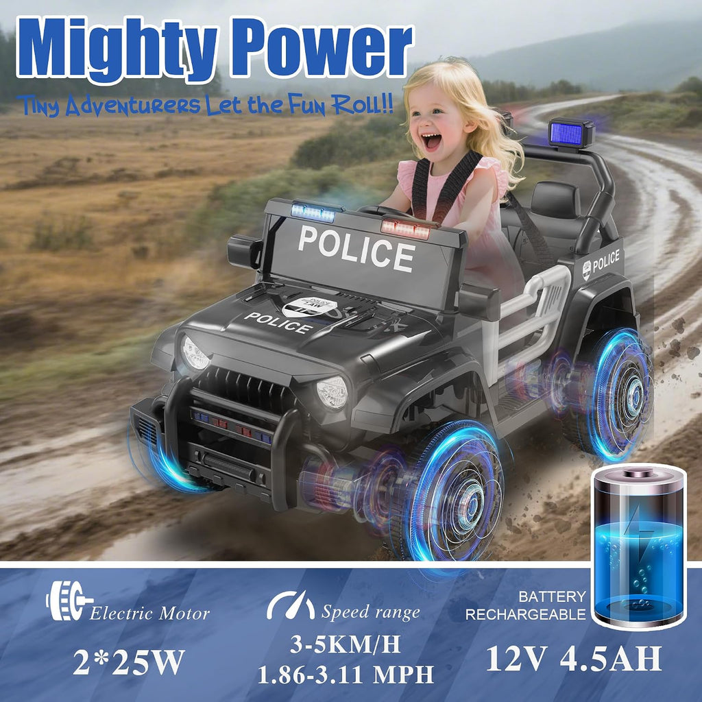 Ride on Police Car, 12V Kids' Electric Vehicles W/Parents Control, Ride on Toys for Toddlers with Music, Four-Wheels Suspension, USB, Headlights, Police Car