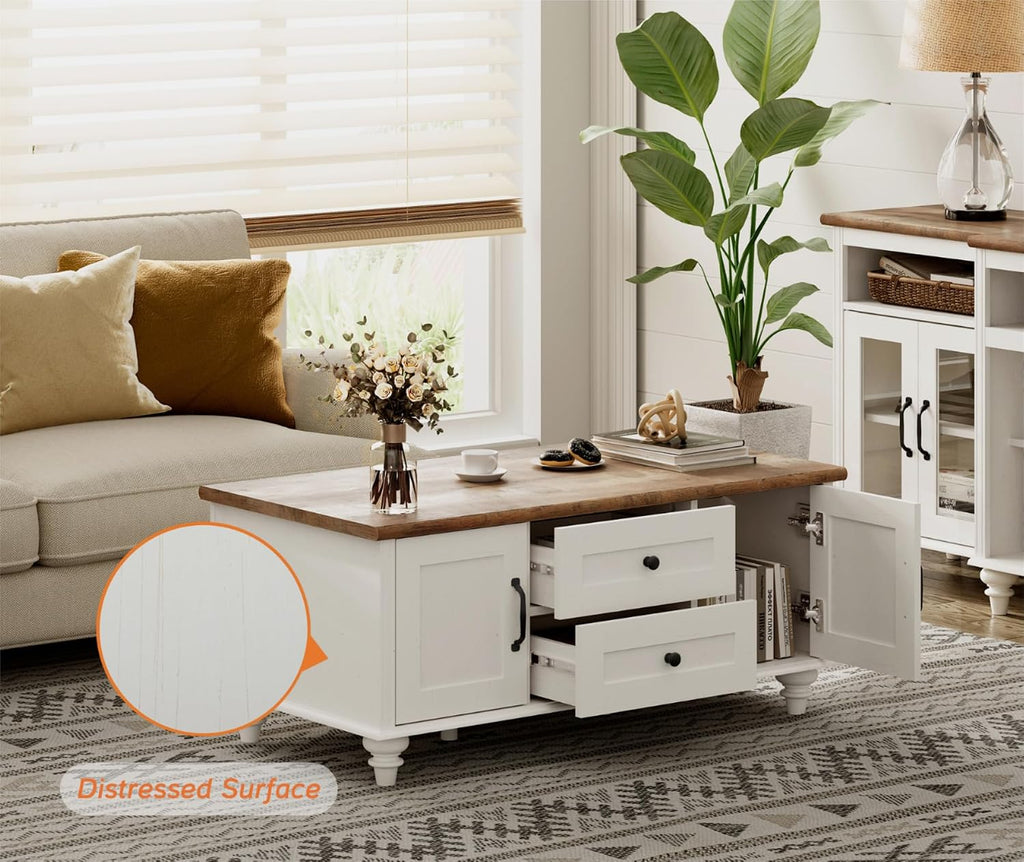 WAMPAT White Coffee Table Set of 3, One Wood Center Table with Drawers, 2 End Side Tables with Charging Station, 3 Pieces Living Room Table Set