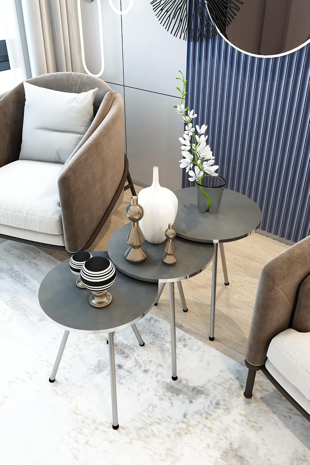 Set of 3 Nesting END Tables - Round Stacking Coffee Side Tables for Small Spaces, Nightstand Bedside Table for Living Room, Bedroom, Living Room, Balcony, Office, NO-Tools Assembly (Silver)