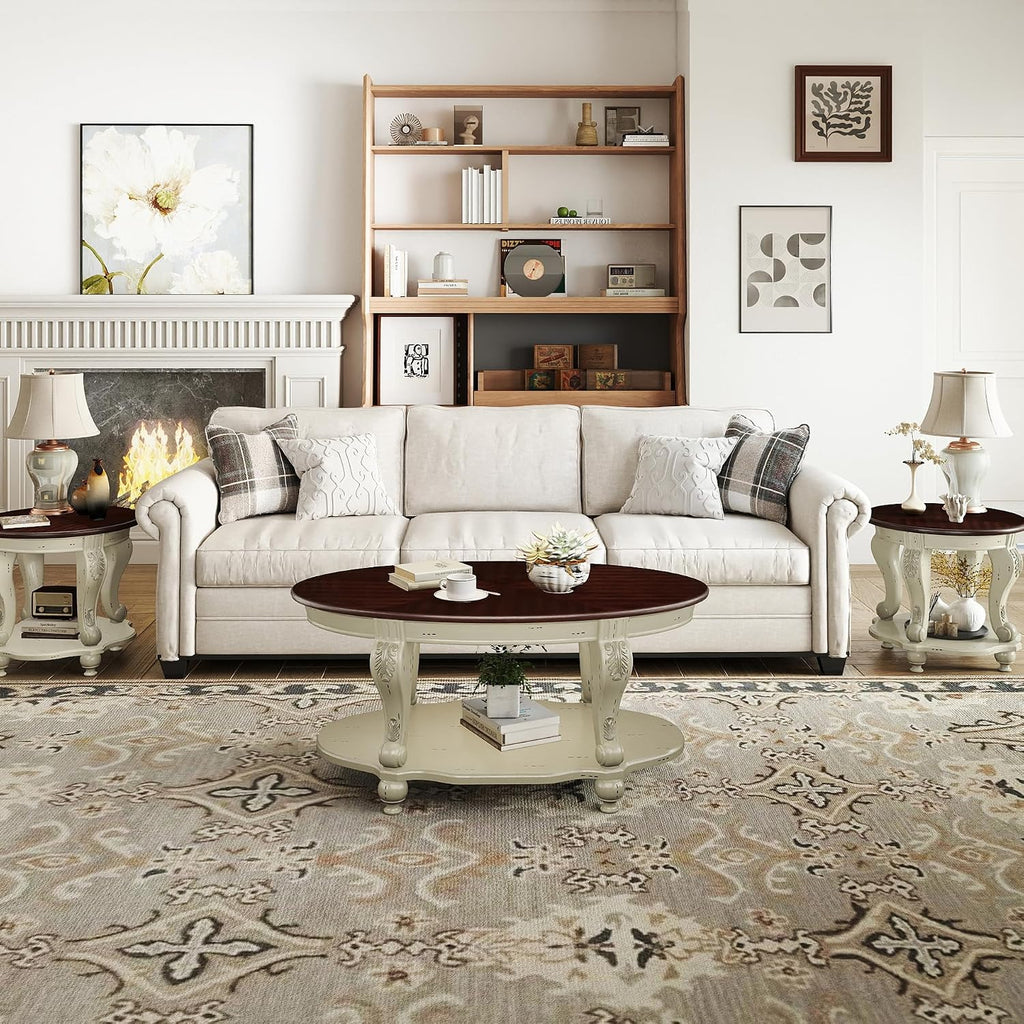 LKTART Oval Coffee Tables Set of 3, Vintage Wood Coffee Table with Carved Wood Legs, Antique Living Room Table Set(Beige and Espresso Top)
