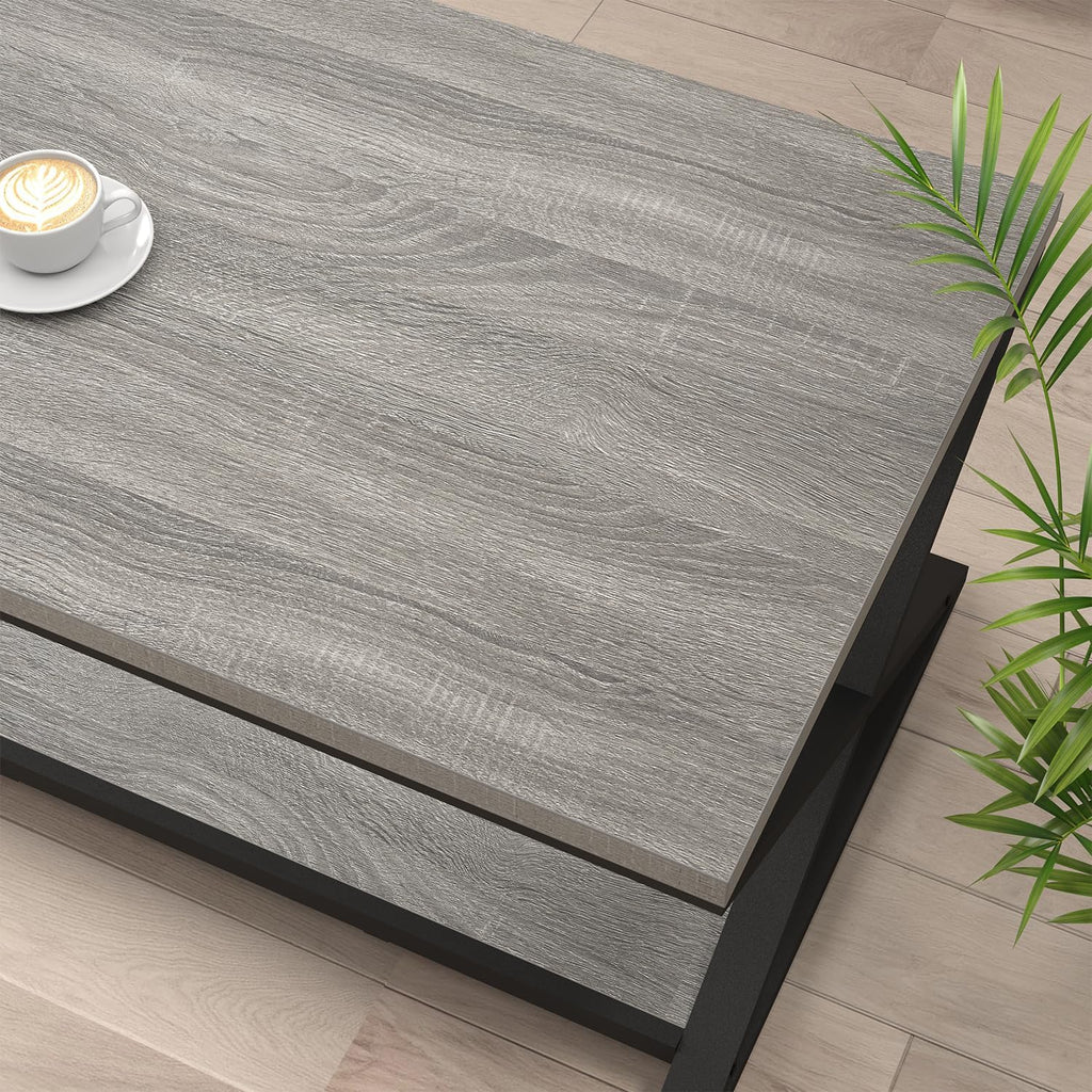 HSH Rustic Grey Coffee Table, Modern Minimalist Living Room Table with Storage Shelf, Industrial Simple Metal Wooden Center Table, 2 Tier Rectangle Cocktail Tea Table for Home Office Bedroom, 39 Inch