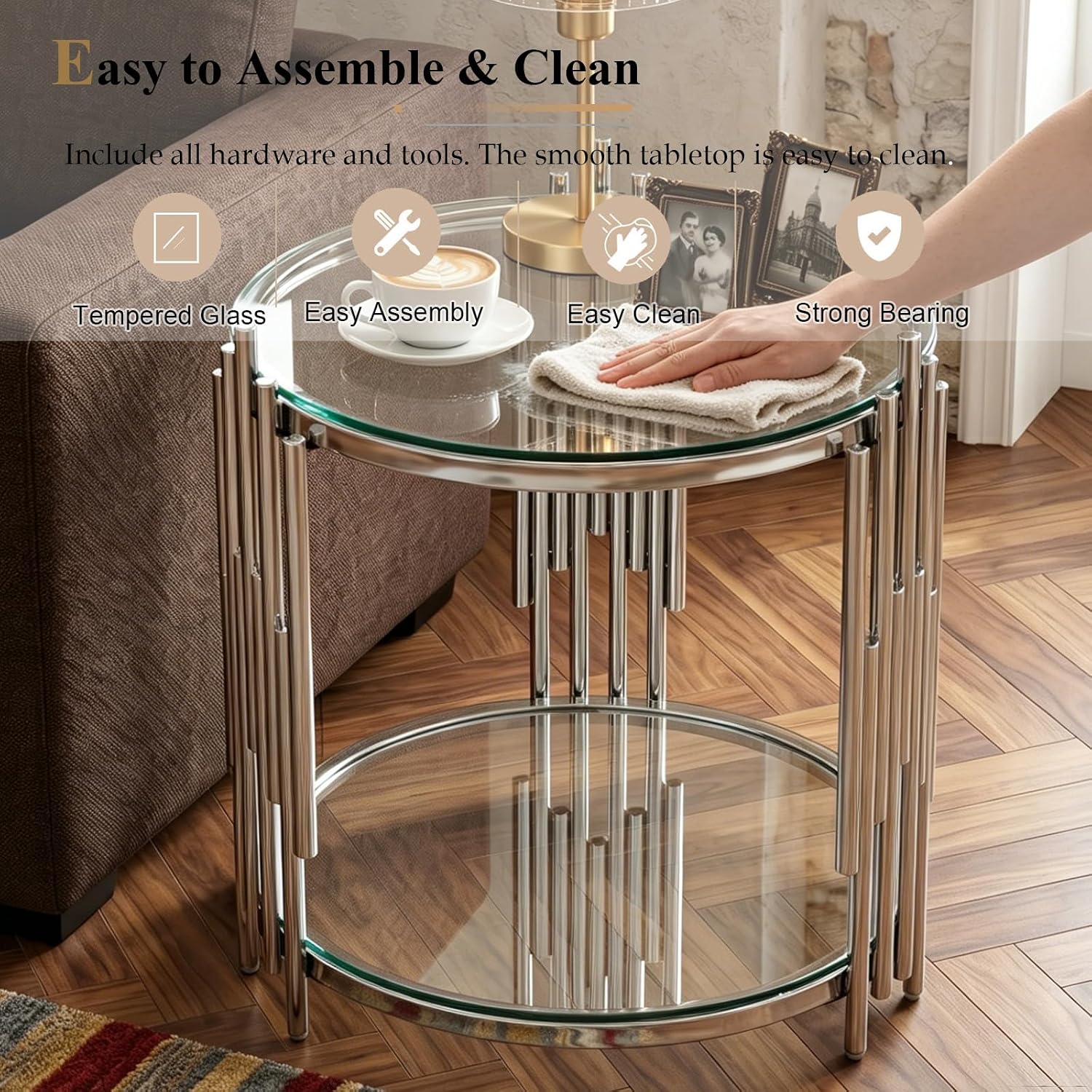 Round Coffee Table Set of 2 Modern Circle Glass Coffee and End Table Sets with Stainless Steel Frame 2 Pieces Living Room Center Table Sofa Side Table for Home Office