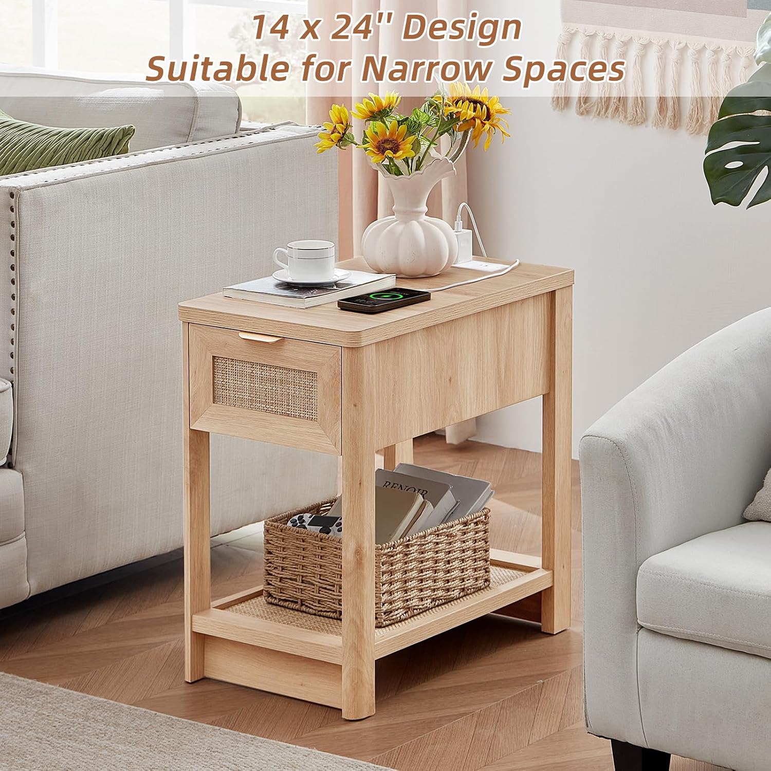 Lerliuo Boho Coffee Table Set of 3, Rattan Coffee and End Table Sets with Charging Station, Living Room Table Set with Open Shelf for Living Room, Natural Wood