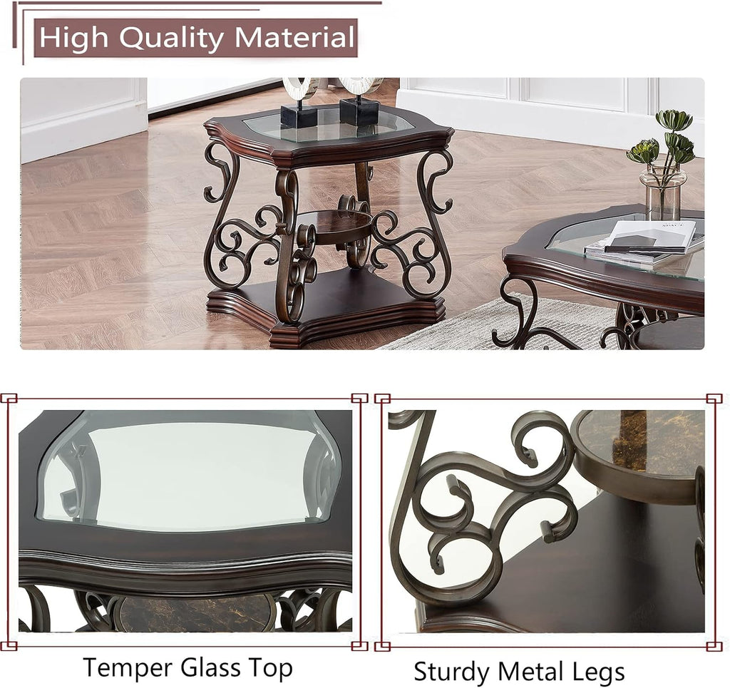 Elegant Retro End Table Sofa Side Table, Traditional 3-Tier Nightstand Bedside Table with Tempered Glass Top, Mid-Marble Shelf, Mid Century Accent Tea Table for Living Room Bedroom