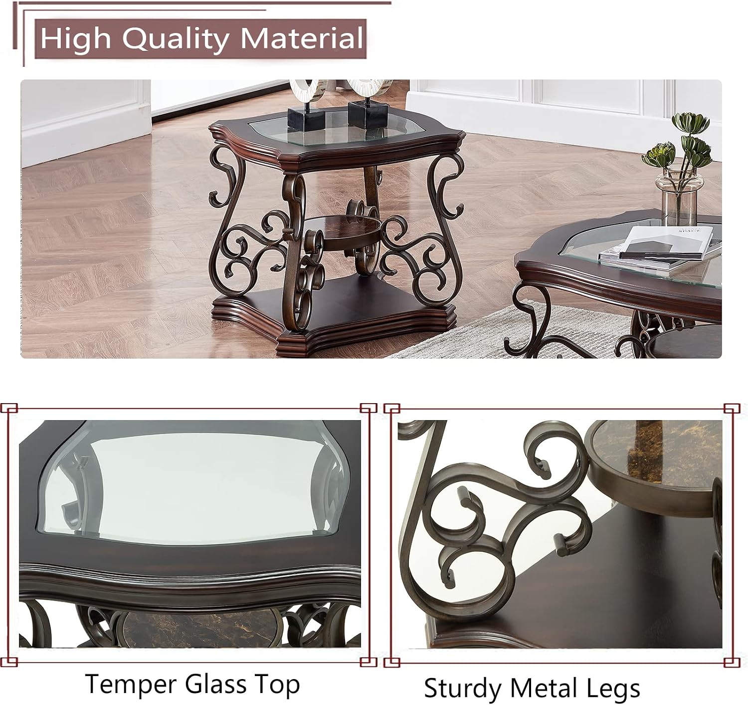 Elegant Retro End Table Sofa Side Table, Traditional 3-Tier Nightstand Bedside Table with Tempered Glass Top, Mid-Marble Shelf, Mid Century Accent Tea Table for Living Room Bedroom