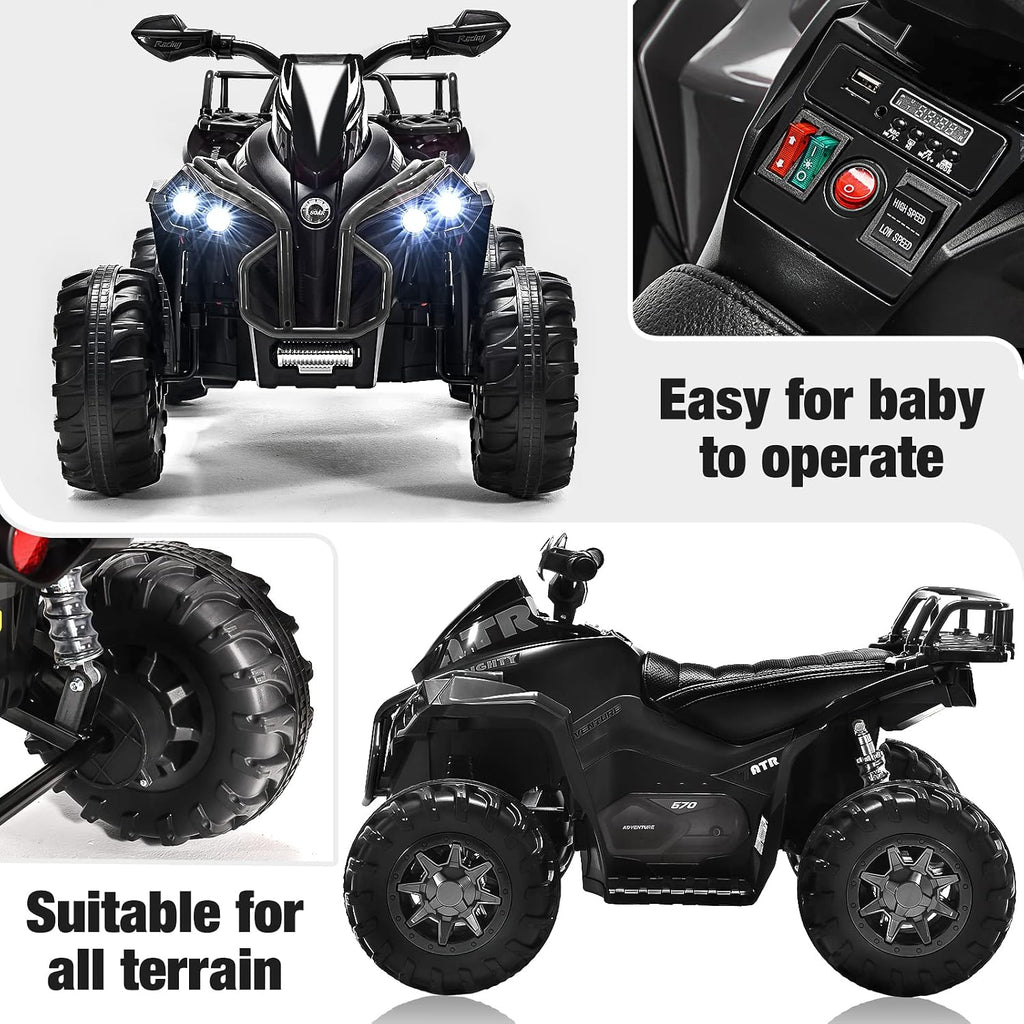 Soar 12V Ride On ATV for Kids Ages 3–6, Electric 4 Wheeler with LED Lights, Music Player, High/Low Speed, USB/TF, Treaded Tires, Black