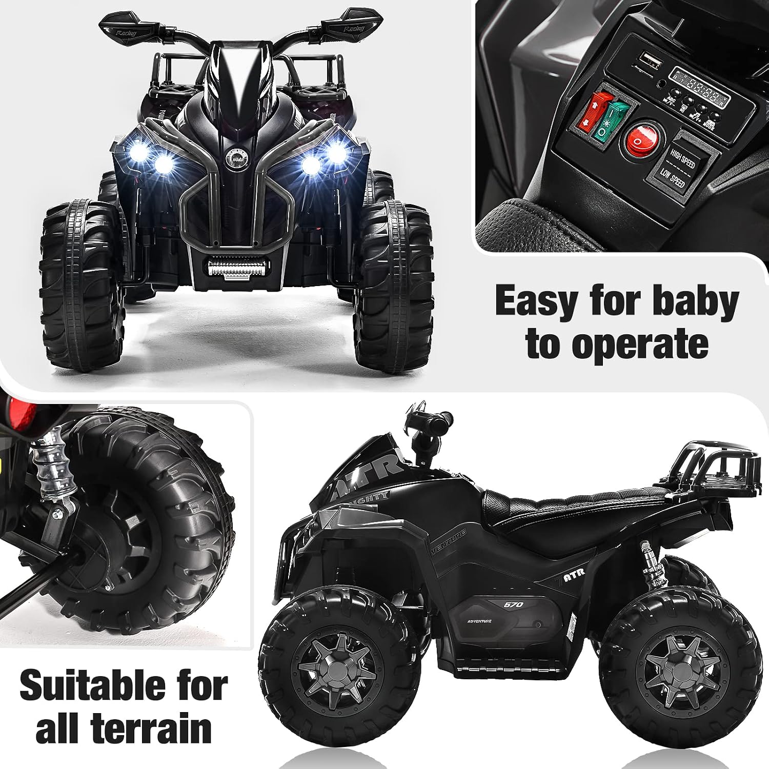 Soar 12V Ride On ATV for Kids Ages 3–6, Electric 4 Wheeler with LED Lights, Music Player, High/Low Speed, USB/TF, Treaded Tires, Black