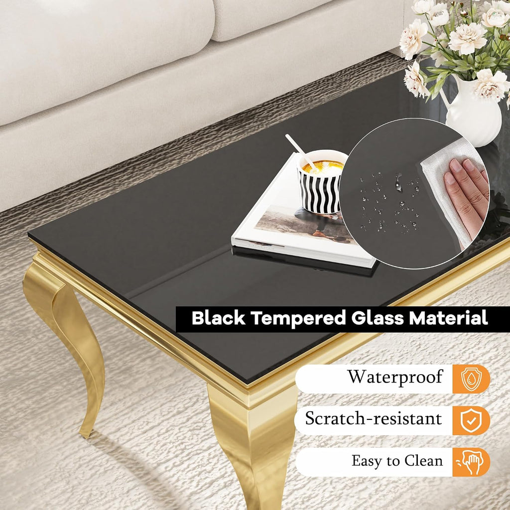 Glass Coffee Table Set of 3, Modern 3 Piece Living Room Set Include 1 Coffee Table and 2 End Tables, with Black Tempered Glass Top and Gold Stainless Steel Legs for Apartment