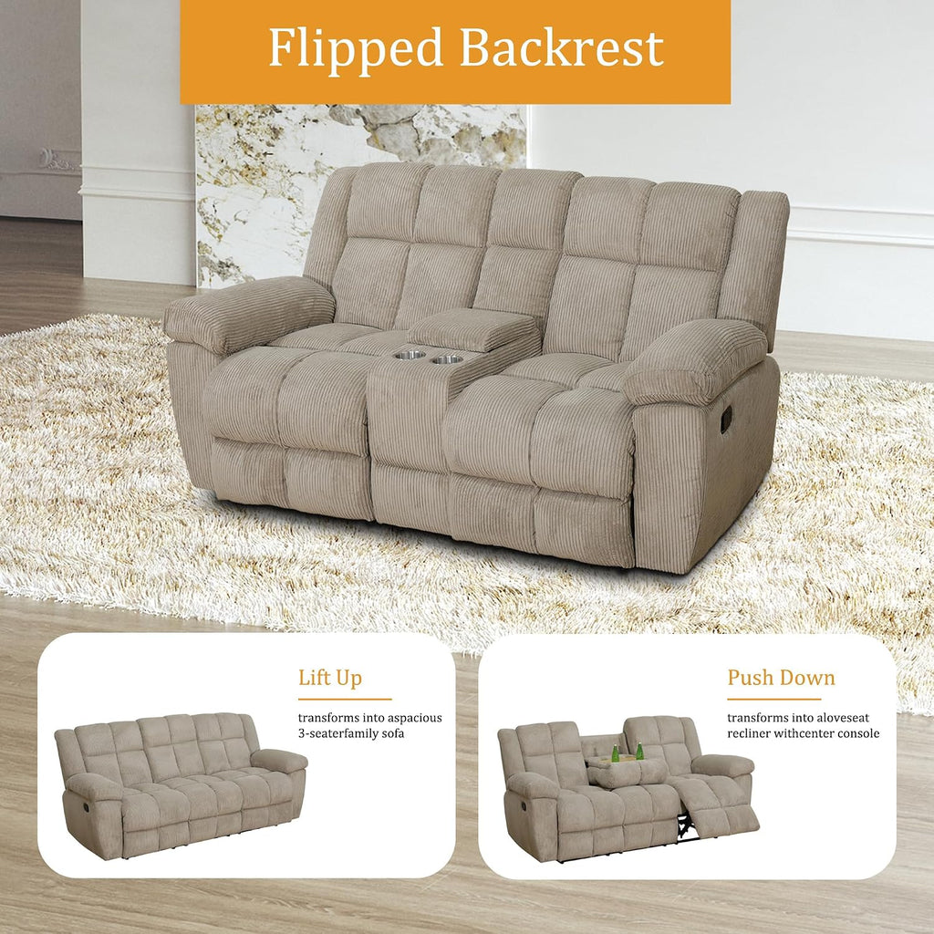 Maunal Recliner Sofa Set, Corduroy Fabric Reclining Living Room Set, Reclining Sofa Couch with Console & Cup Houlders for Living Room (Beige, 3 Seater Recliner Sofa)