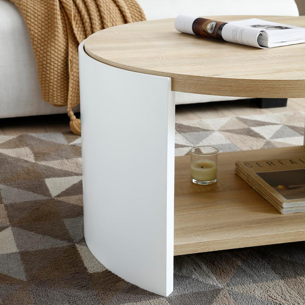 31.49'' Round Coffee Table for Living Room, Modern Wood Circle Coffee Table with 2-Tier Storage Desktop Contemporary Unique Drum Tea Table for Apartment, Small Space, Easy Assembly, Natural White